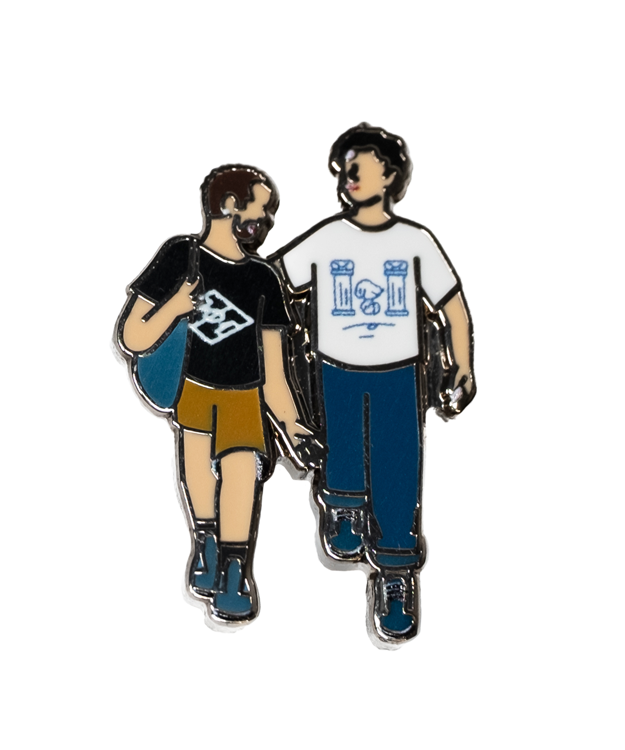 The Couple enamel pin—a couple walking down the street and talking, as illustrated by Jiaqi Wang.