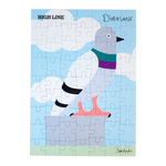 Jigsaw puzzle with a cartoon of the big pigeon statue against a blue sky, with the High Line wordmark, and Dinosaur creator Iván Argote's signature.