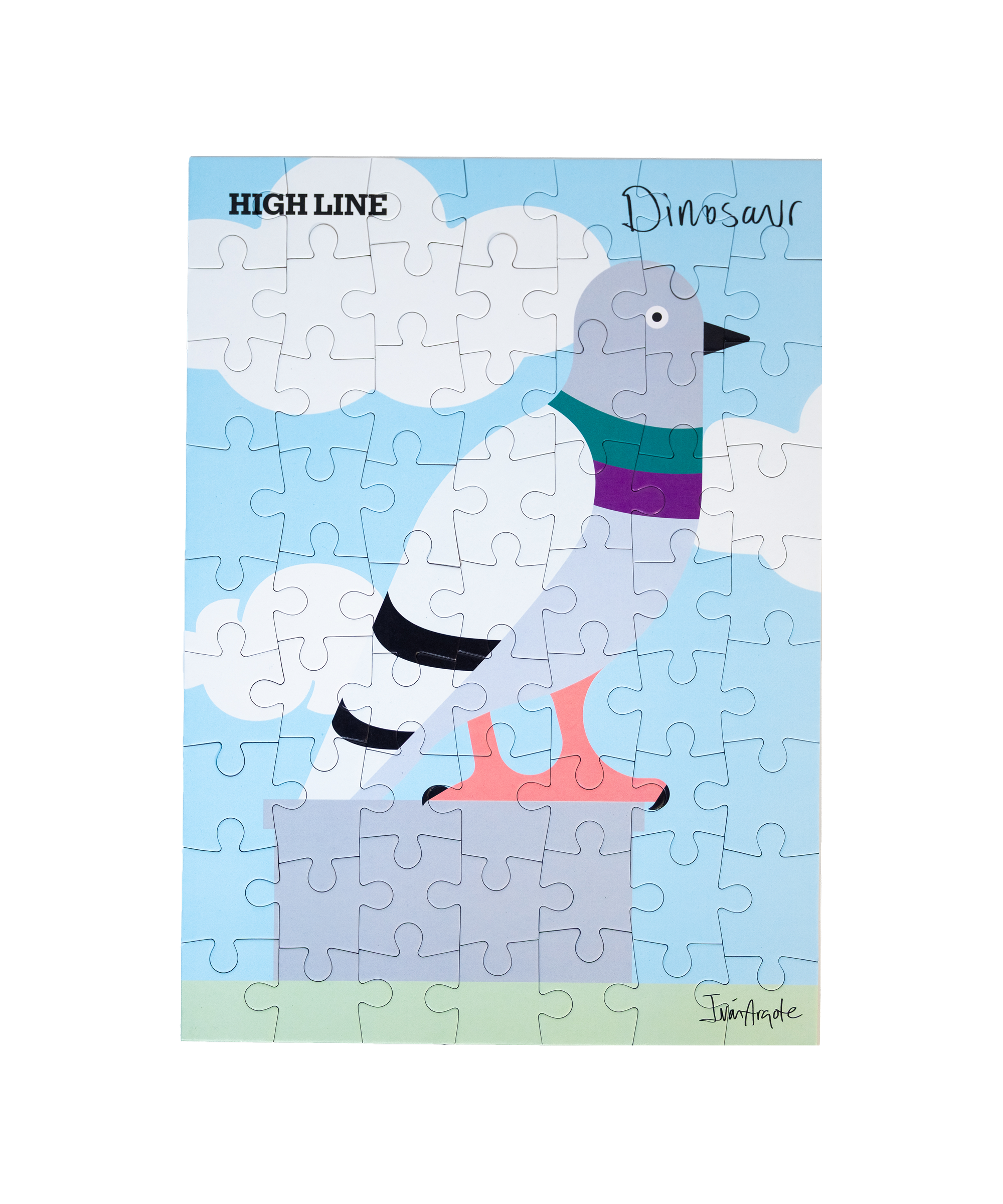 Jigsaw puzzle with a cartoon of the big pigeon statue against a blue sky, with the High Line wordmark, and Dinosaur creator Iván Argote's signature.