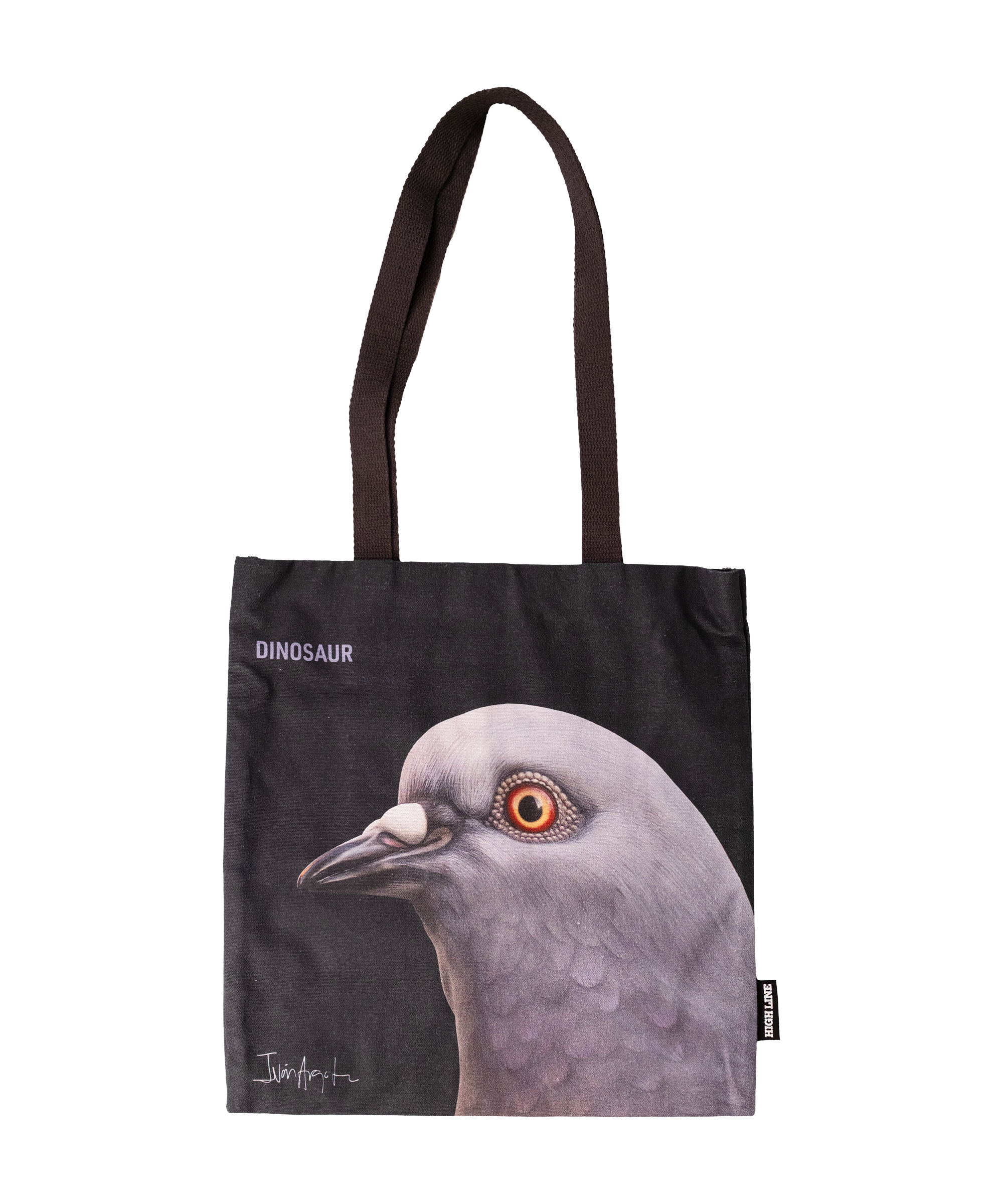 Dinosaur Tote front, with big pigeon head, "Dinosaur" and artist Iván Argote's signature screen-printed on a black tote.