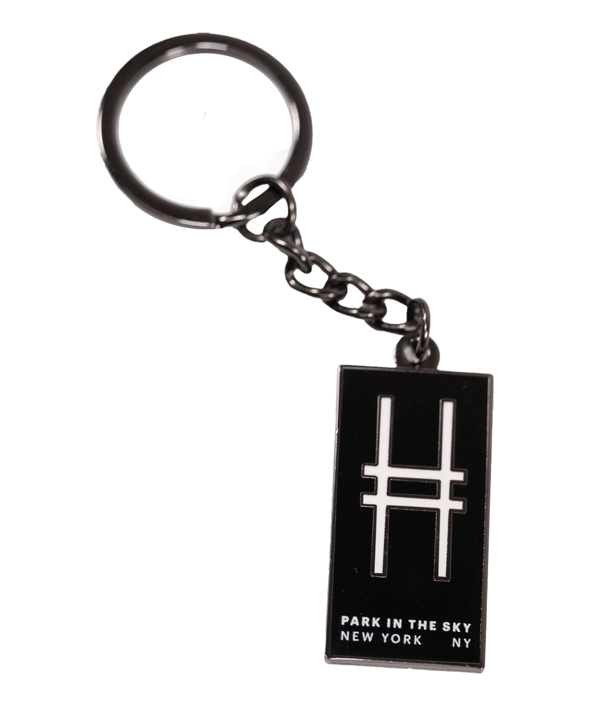 Enamel keychain with the High Line railroad-track "H" icon and "Park in the Sky, New York NY" in all caps.