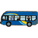 The MTA Bus enamel pin—MTA Bus with driver and passengers, including the sightseer, illustrated by Jiaqi Wang.