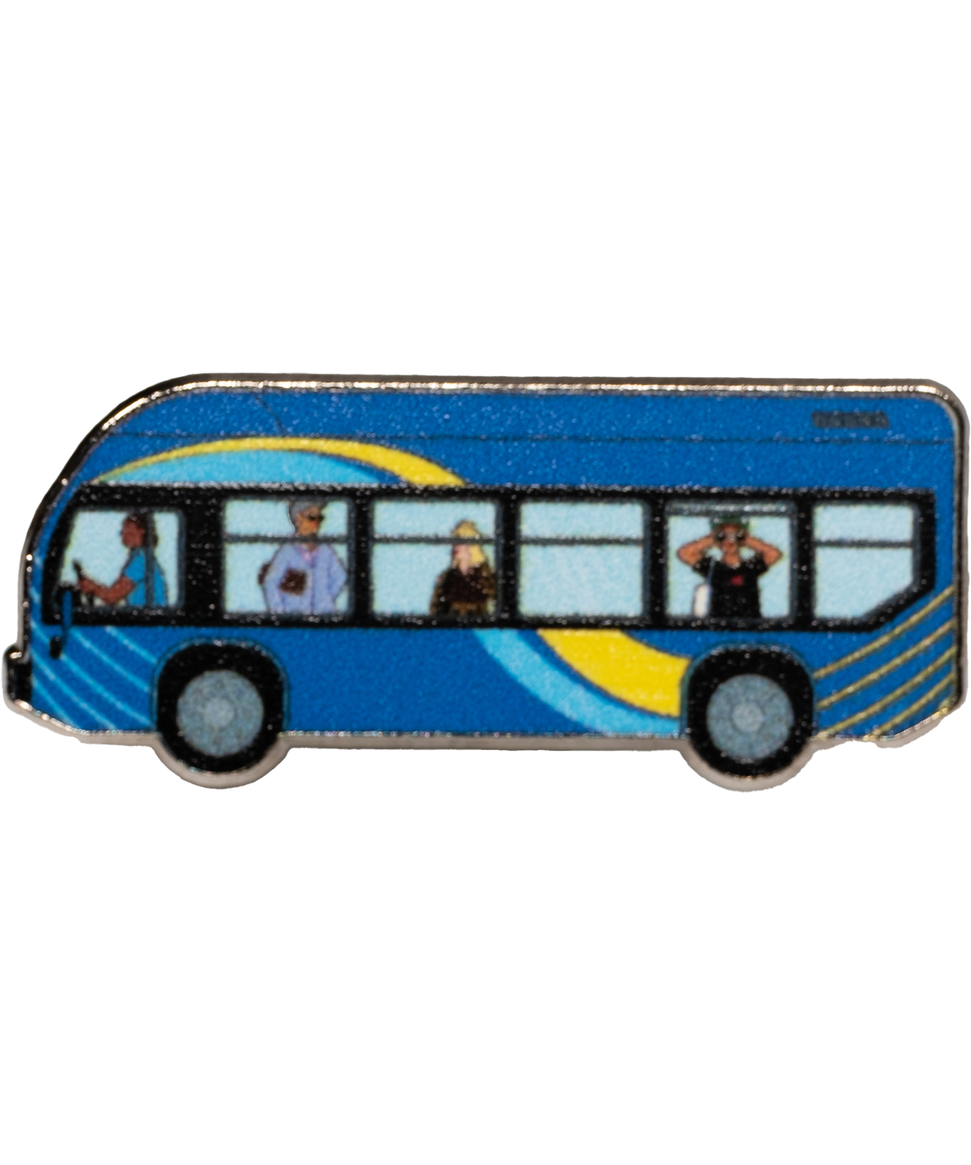 The MTA Bus enamel pin—MTA Bus with driver and passengers, including the sightseer, illustrated by Jiaqi Wang.