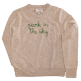 The Lingua Franca x High Line 100% Cashmere sweater in an oatmeal color with "park in the sky" embroidered in script in green thread.
