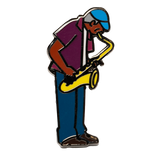 Saxaphone Player enamel pin—a street musician playing the saxophone as illustrated by Jiaqi Wang.