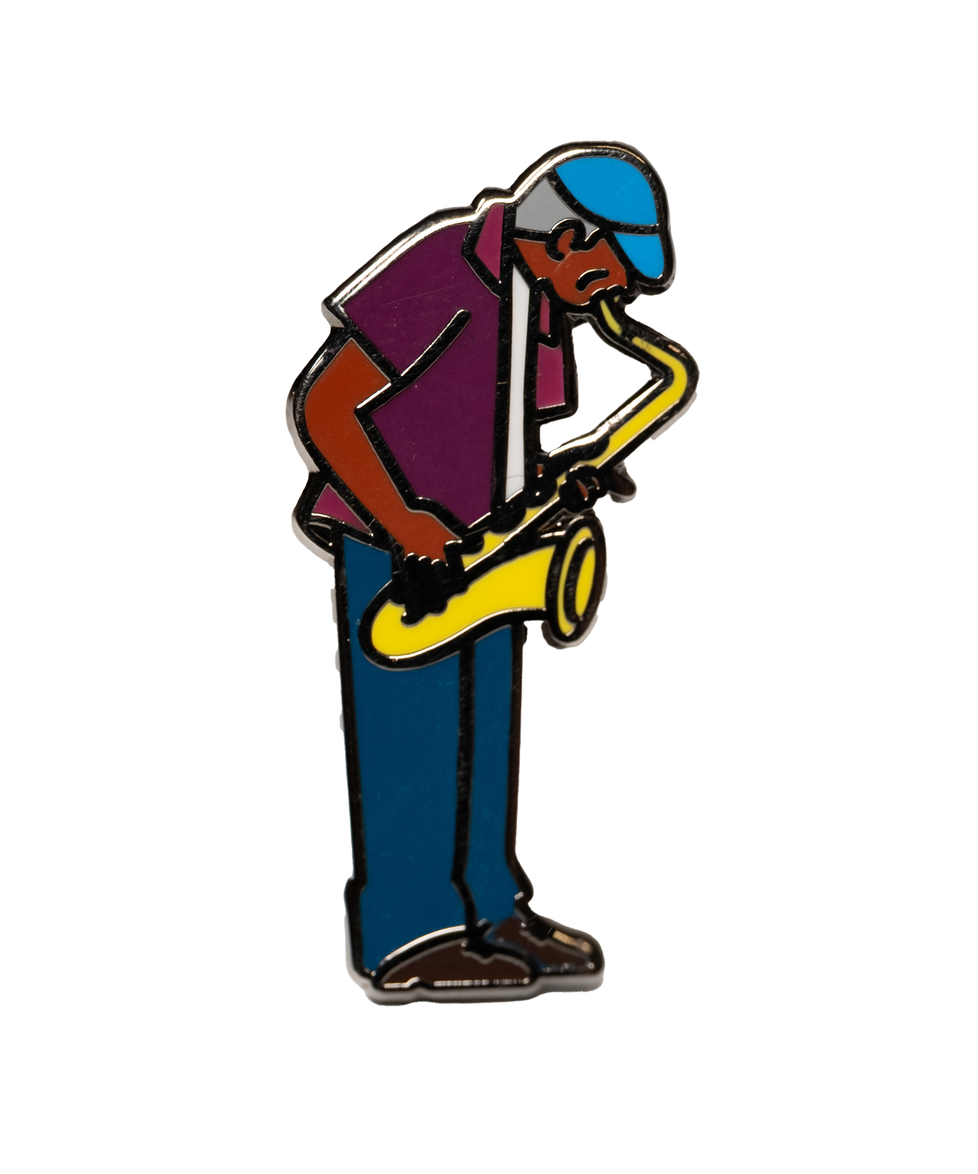 Saxaphone Player enamel pin—a street musician playing the saxophone as illustrated by Jiaqi Wang.