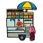 Street Vendor enamel pin—NYC corner food cart with customer deciding their order, as illustrated by Jiaqi Wang.