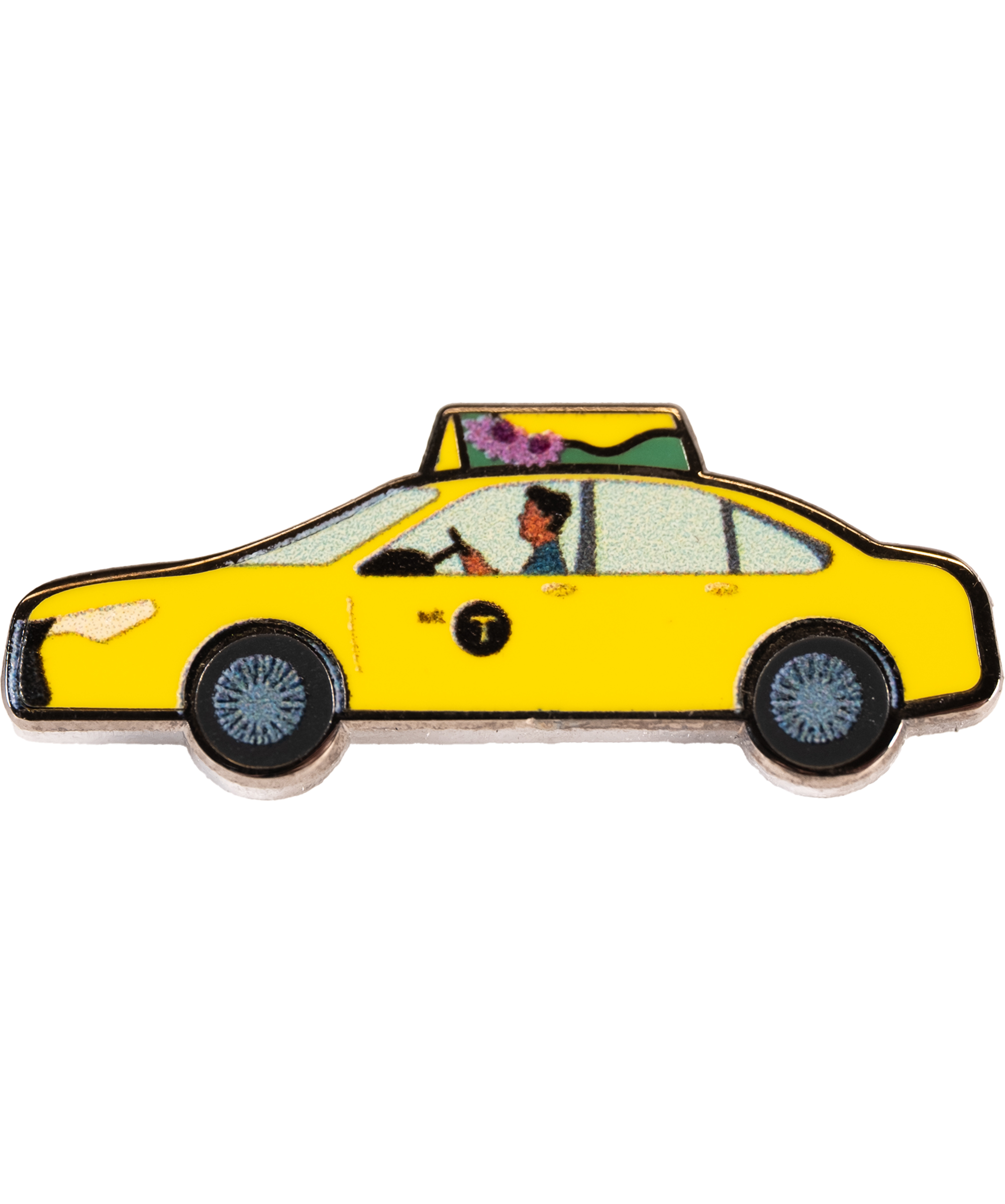Taxi enamel pin—a NYC classic yellow cab illustrated by Jiaqi Wang.
