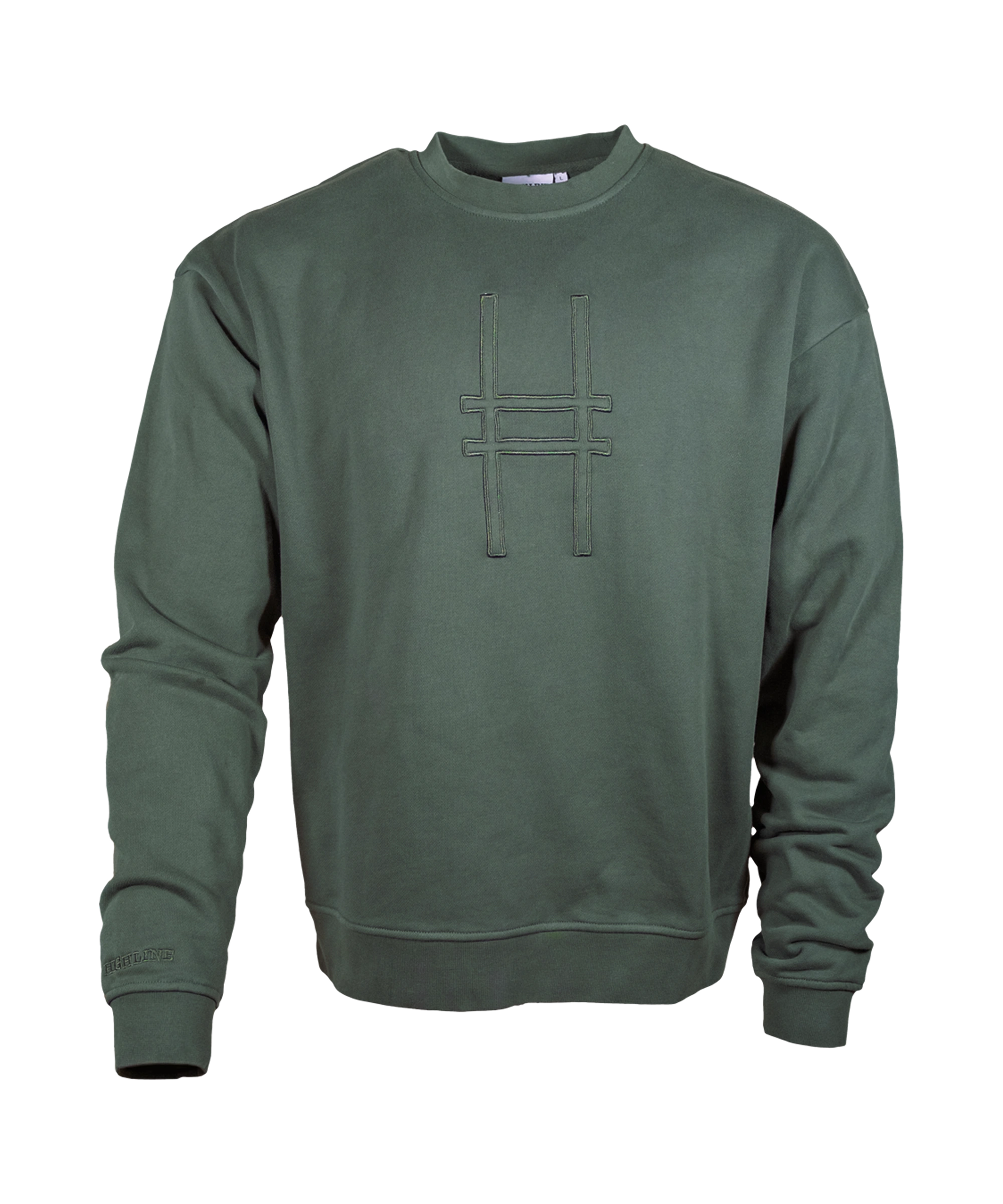 Big Icon Crewneck in Ivy with monochromatic embroidery details. Front features big High Line icon and High Line wordmark on sleeve.