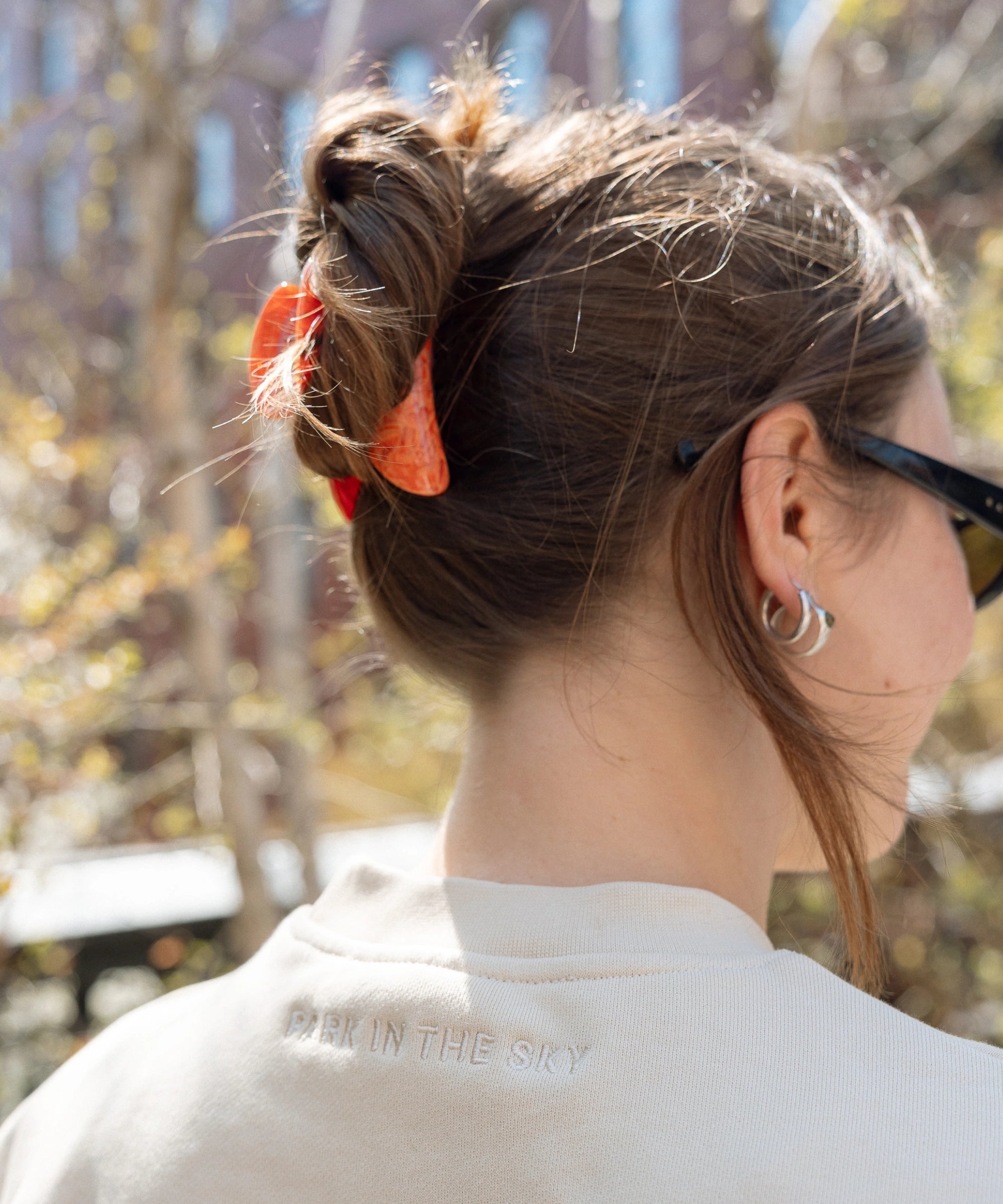 Closeup of the Big Icon Crewneck in River Birch with monochromatic "Park in the Sky" embroidered below the back collar.