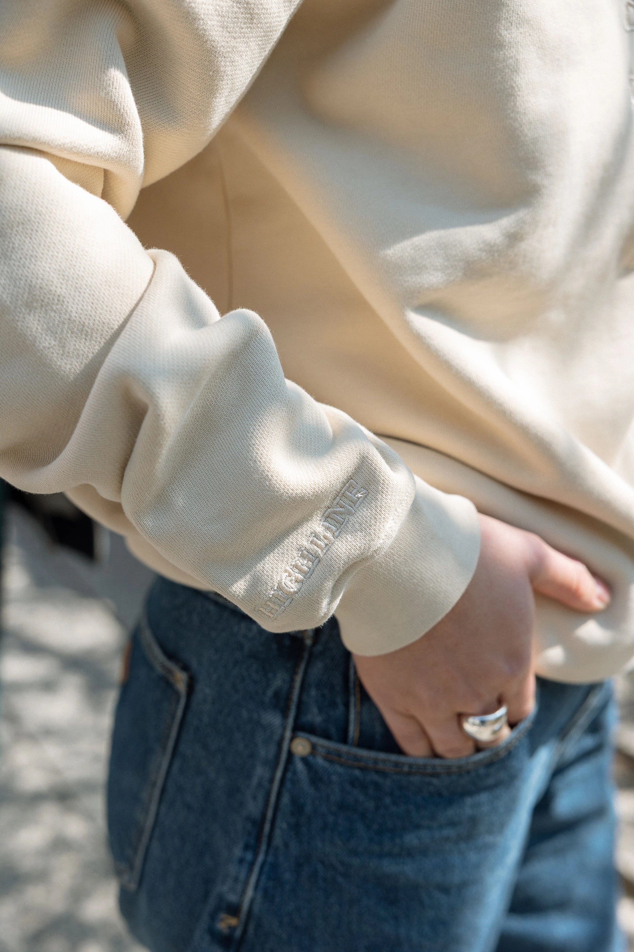 Closeup of the Big Icon Crewneck in River Birch with monochromatic High Line wordmark embroidered on the sleeve.