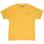 Yellow light-weight cotton t-shirt with a small bumblebee printed on the chest, laid flat.