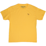 Yellow light-weight cotton t-shirt with a small bumblebee printed on the chest, laid flat.