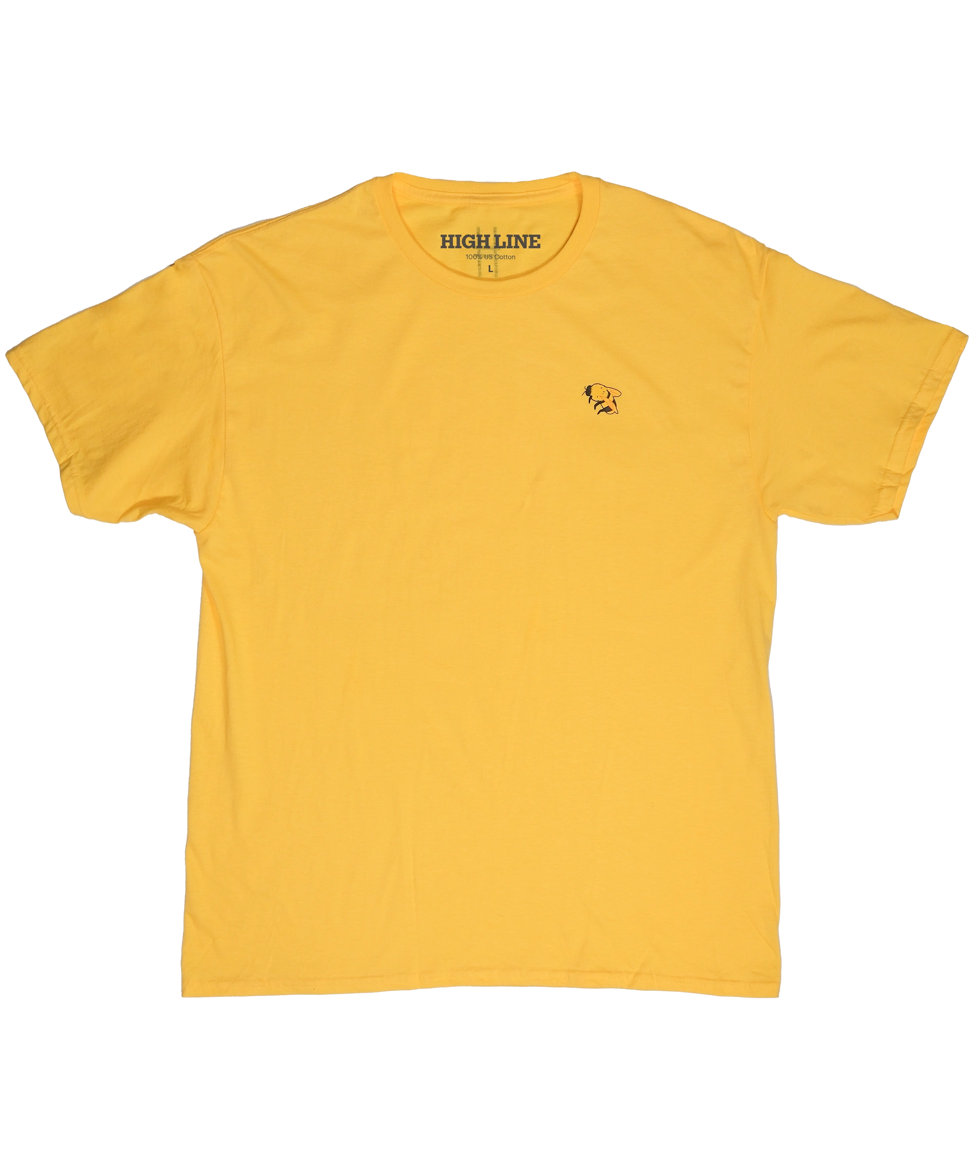 Yellow light-weight cotton t-shirt with a small bumblebee printed on the chest, laid flat.