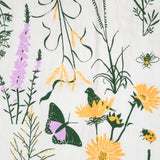 Claudia Pearson x High Line Chelsea Grassland tea towel in detail. The flour sack cotton tea towel is covered in illustrations of the flowers and grasses that grow in the Chelsea Grassland area of the High Line in pale purple, deep green and yellow.