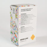 Box of Chelsea Grassland seed mix, from the Piet Oudolf Garden collection. Back and side of box are visible, including the plant list, High Line and Hudson Valley Seed Co logos and the easy-shake side panel are visible.