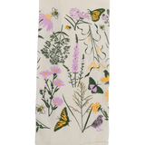 Claudia Pearson x High Line Chelsea Grassland tea towel, folded in sixths. The flour sack cotton tea towel is covered in illustrations of the flowers and grasses that grow in the Chelsea Grassland area of the High Line in pale purple, deep green and yellow.