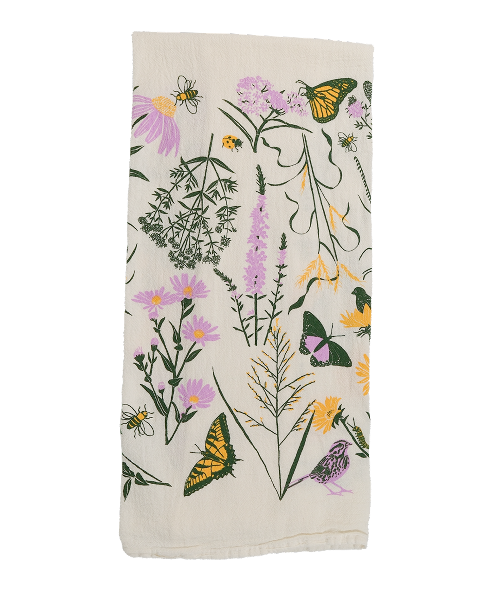 Claudia Pearson x High Line Chelsea Grassland tea towel, folded in sixths. The flour sack cotton tea towel is covered in illustrations of the flowers and grasses that grow in the Chelsea Grassland area of the High Line in pale purple, deep green and yellow.