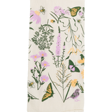 Claudia Pearson x High Line Chelsea Grassland tea towel, folded in sixths. The flour sack cotton tea towel is covered in illustrations of the flowers and grasses that grow in the Chelsea Grassland area of the High Line in pale purple, deep green and yellow.