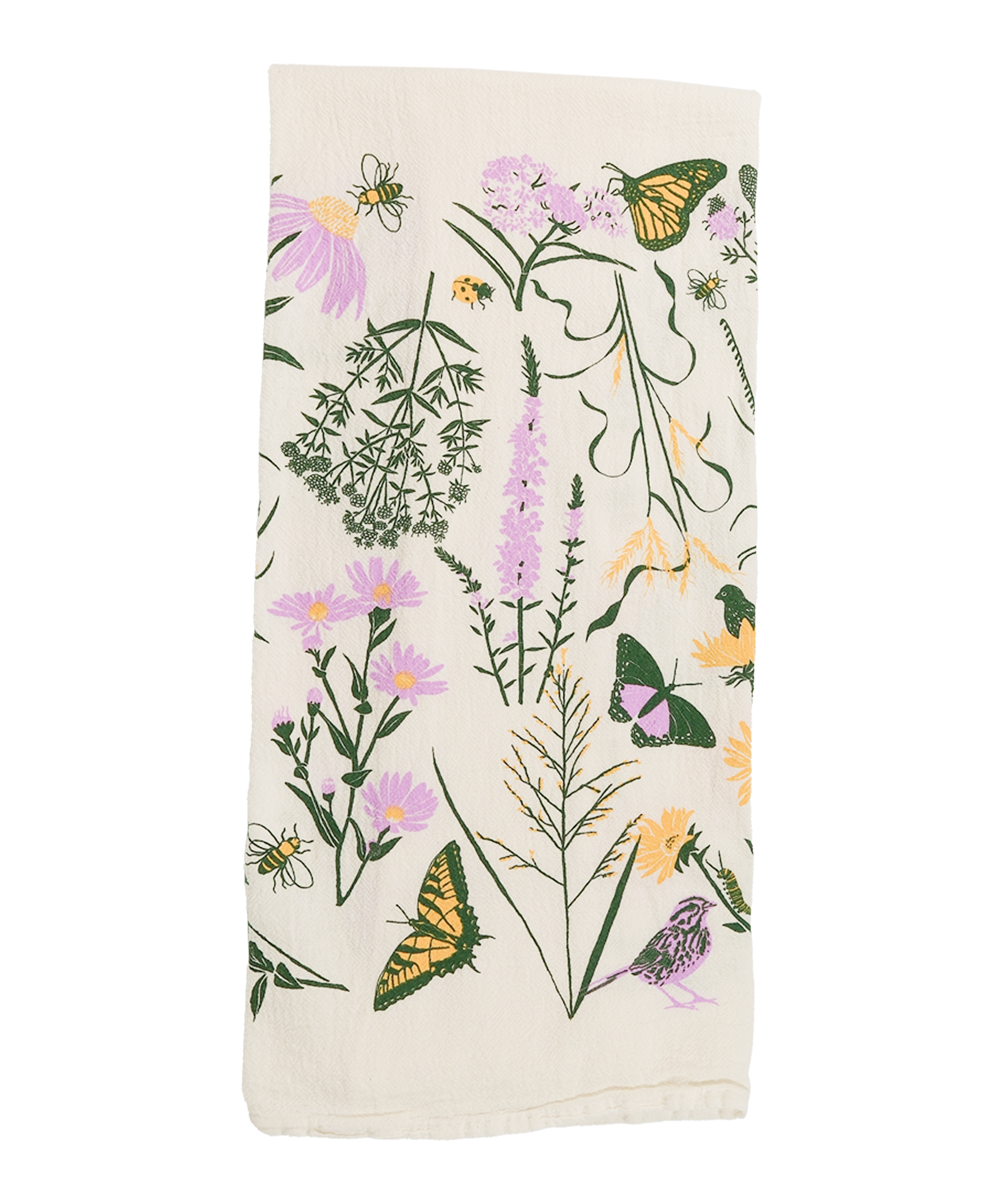 Claudia Pearson x High Line Chelsea Grassland tea towel, folded in sixths. The flour sack cotton tea towel is covered in illustrations of the flowers and grasses that grow in the Chelsea Grassland area of the High Line in pale purple, deep green and yellow.