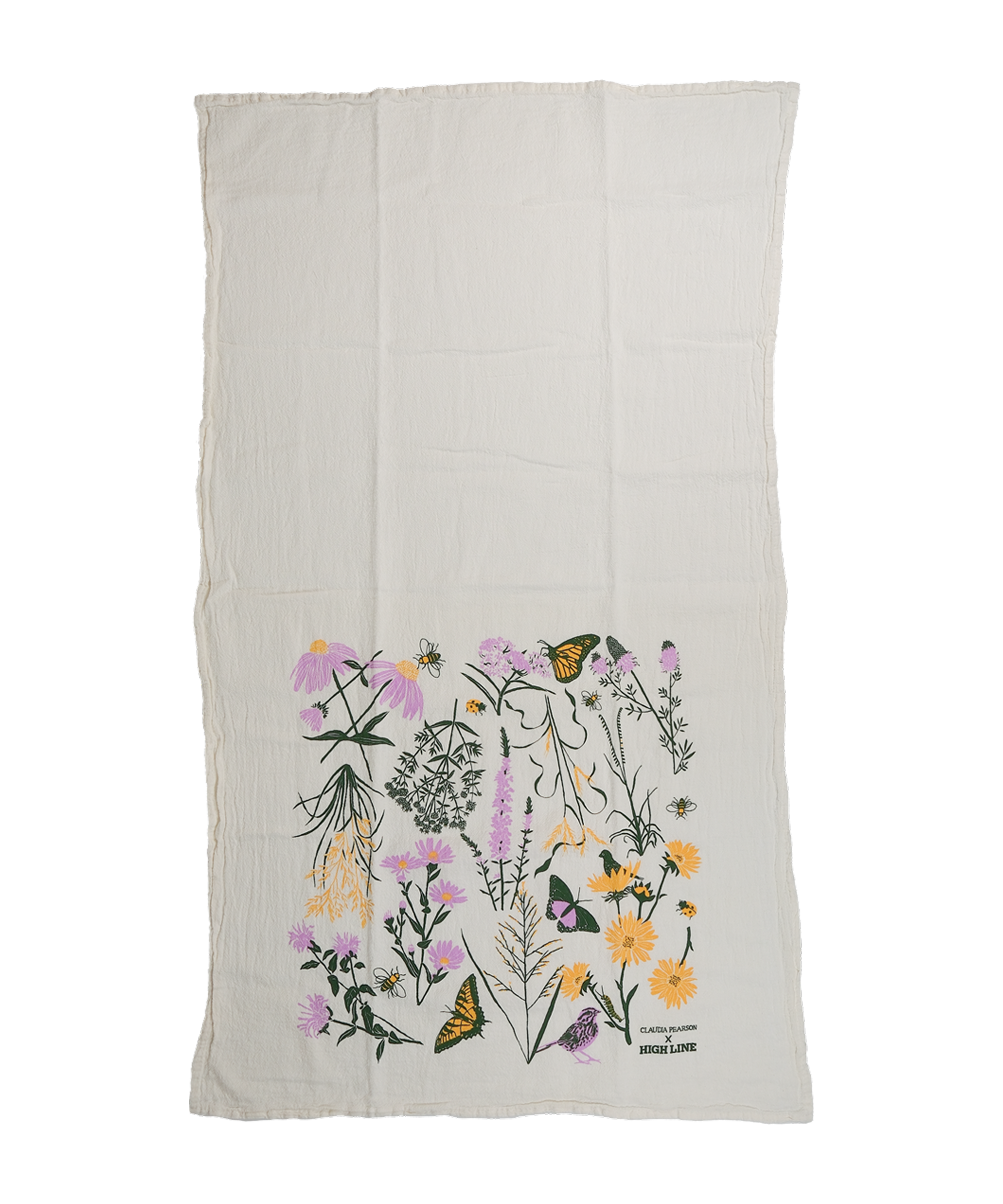 Claudia Pearson x High Line Chelsea Grassland tea towel, shown in full. The flour sack cotton tea towel is half covered in illustrations of the flowers and grasses that grow in the Chelsea Grassland area of the High Line in pale purple, deep green and yellow.