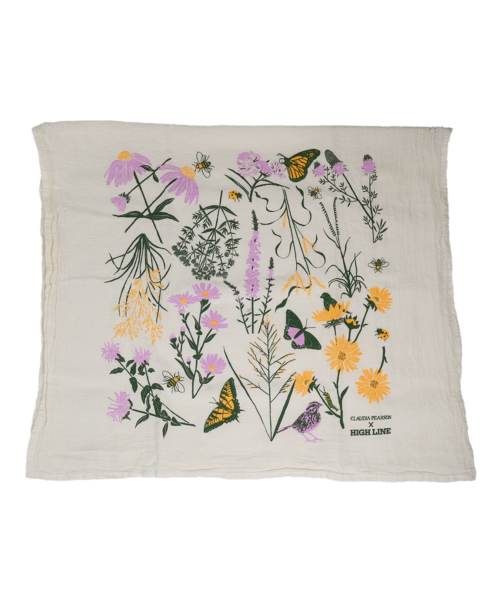 Claudia Pearson x High Line Chelsea Grassland tea towel, folded in half. The flour sack cotton tea towel is covered in illustrations of the flowers and grasses that grow in the Chelsea Grassland area of the High Line in pale purple, deep green and yellow.