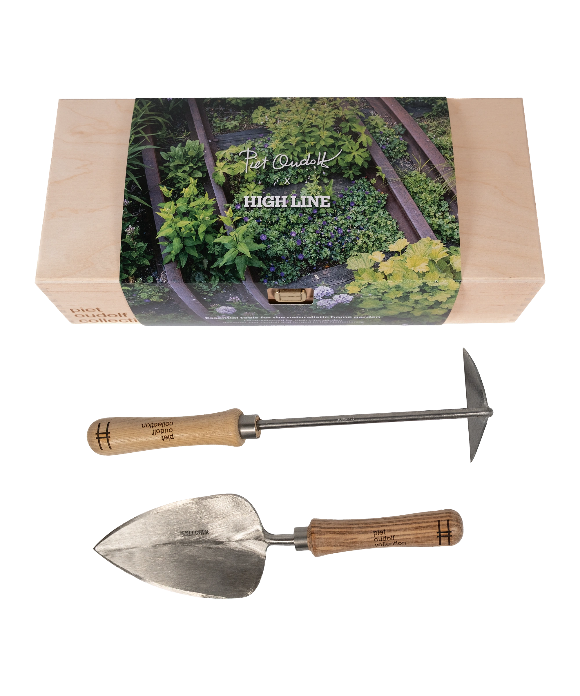 Sneeboer trowel and hand hoe with High Line icon and "Piet Oudolf collection" embossed on the wood handles. They come in a wood box, also embossed with piet oudolf collection and wrapped with an image of the High Line.