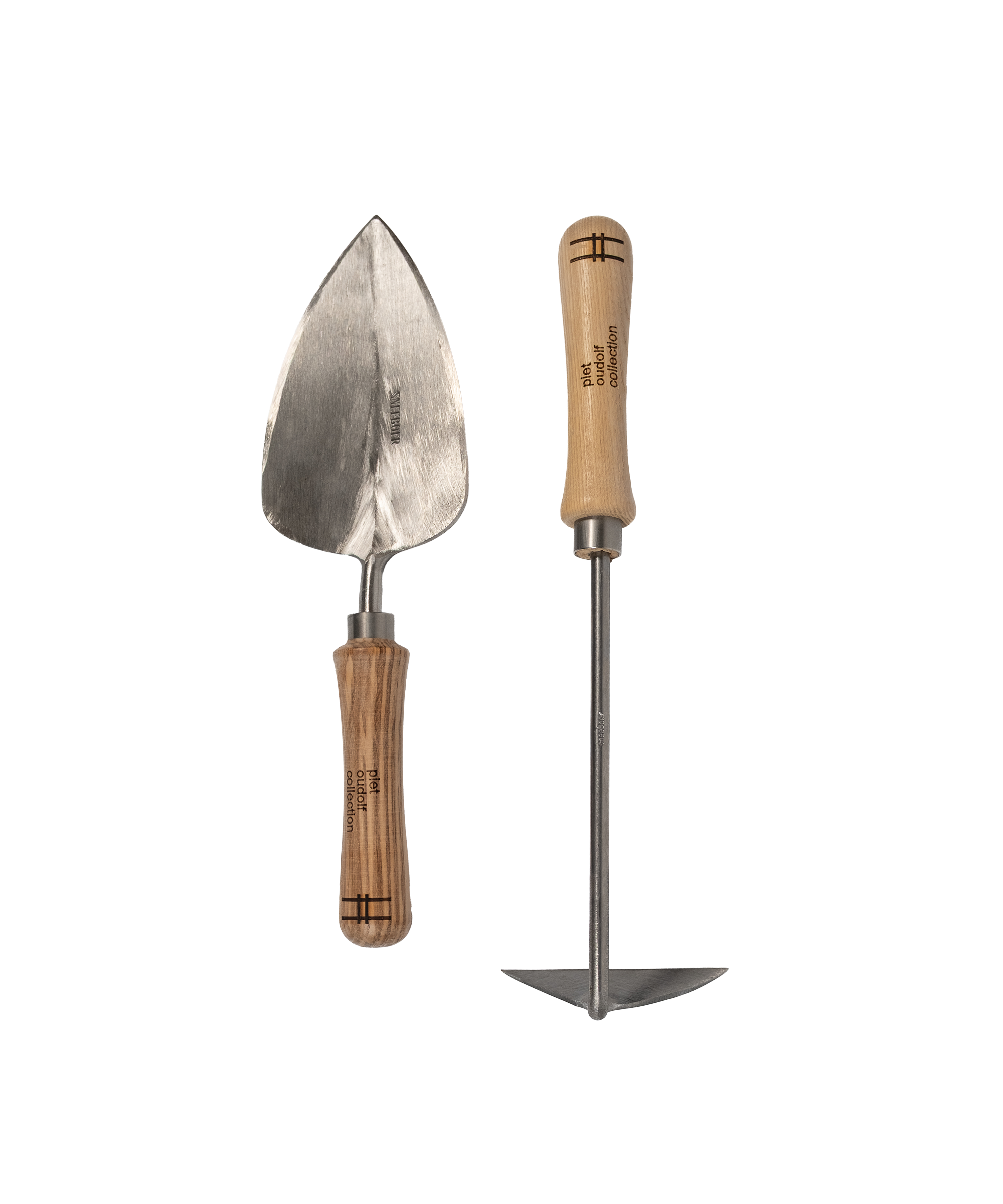 Sneeboer trowel and hand hoe with High Line icon and "Piet Oudolf collection" embossed on the wood handles.