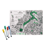 Colorable silicone placemat with illustration of the High Line, partially colored in, and markers.