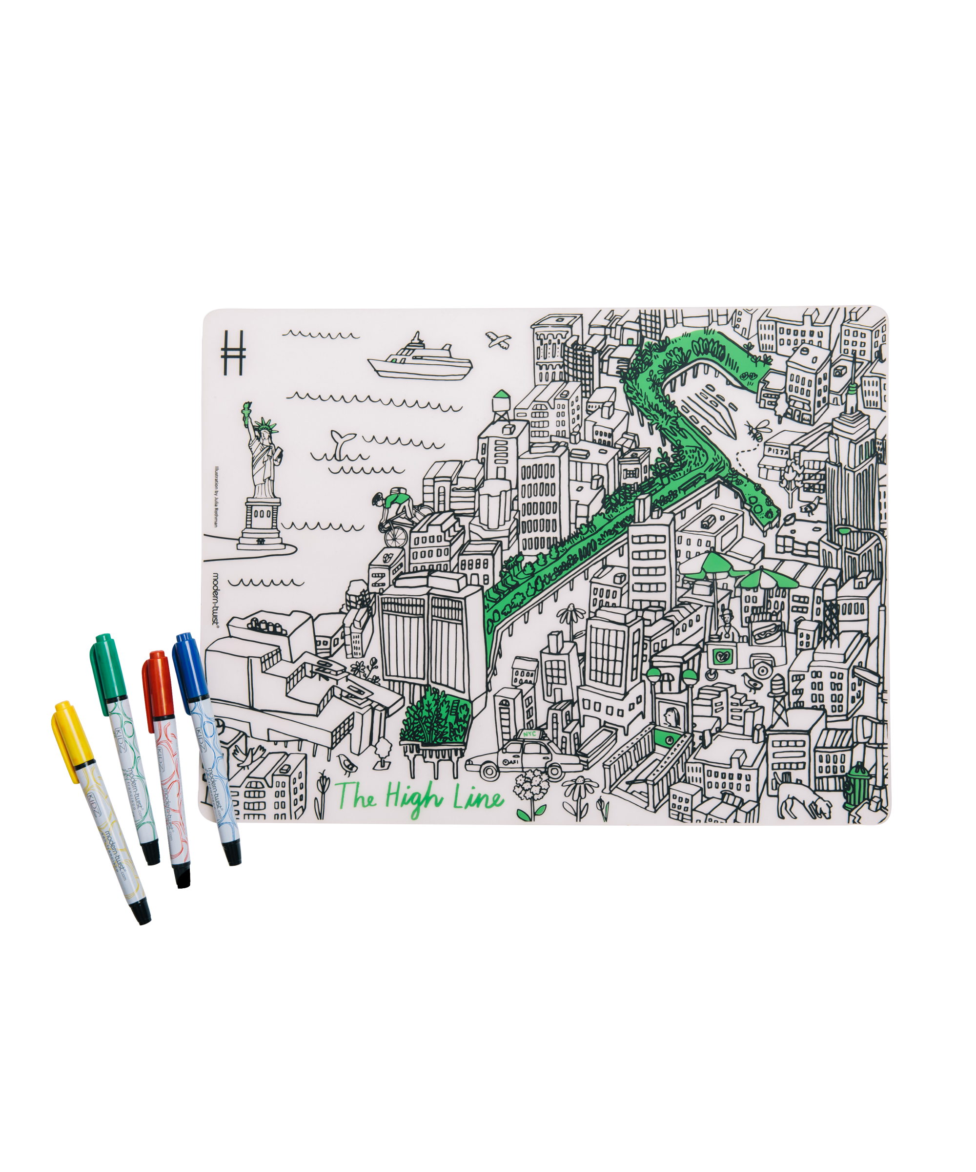 Colorable silicone placemat with illustration of the High Line, partially colored in, and markers.