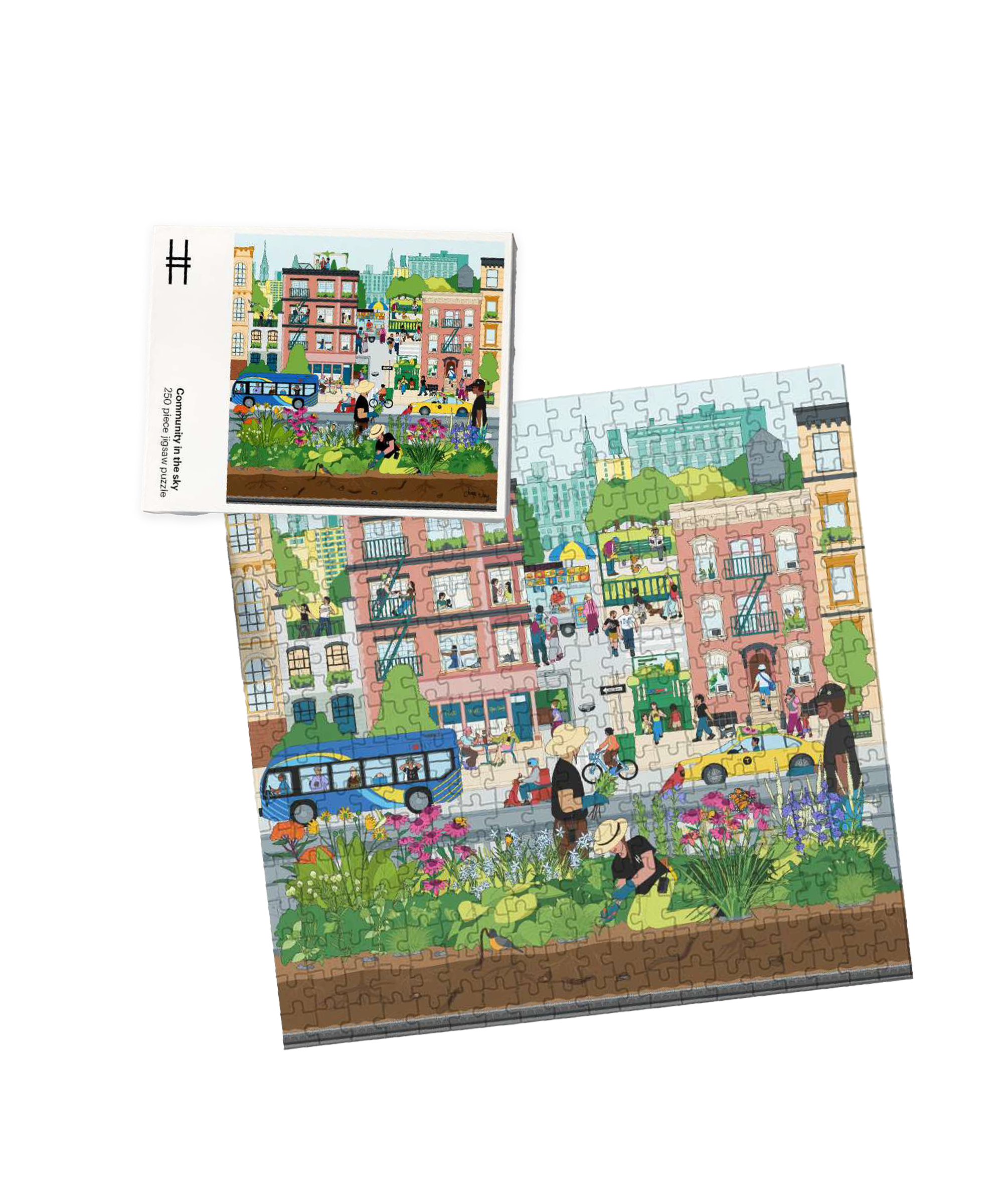 Nature in the City Puzzle box top with mockup of completed puzzle.