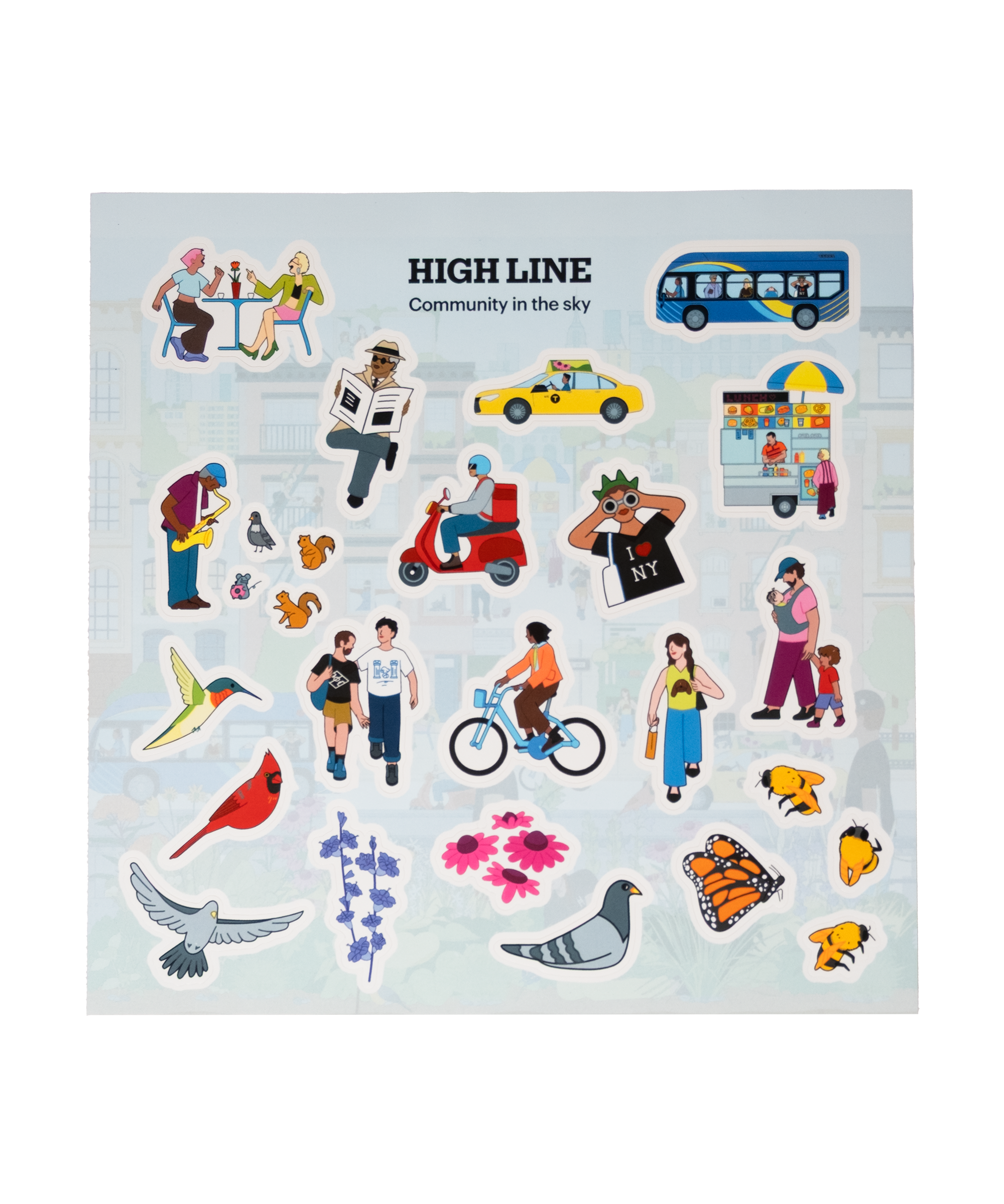 Community in the Sky sticker sheet featuring 26 of Jiaqi Wang's illustrations from the Nature in the City mural.