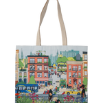 Community in the Sky Tote, featuring the Nature in the City mural illustrated by Jiaqi Wang. The large, cotton tote features an all over print of the illustration and is brightly colored.
