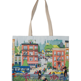 Community in the Sky Tote, featuring the Nature in the City mural illustrated by Jiaqi Wang. The large, cotton tote features an all over print of the illustration and is brightly colored.