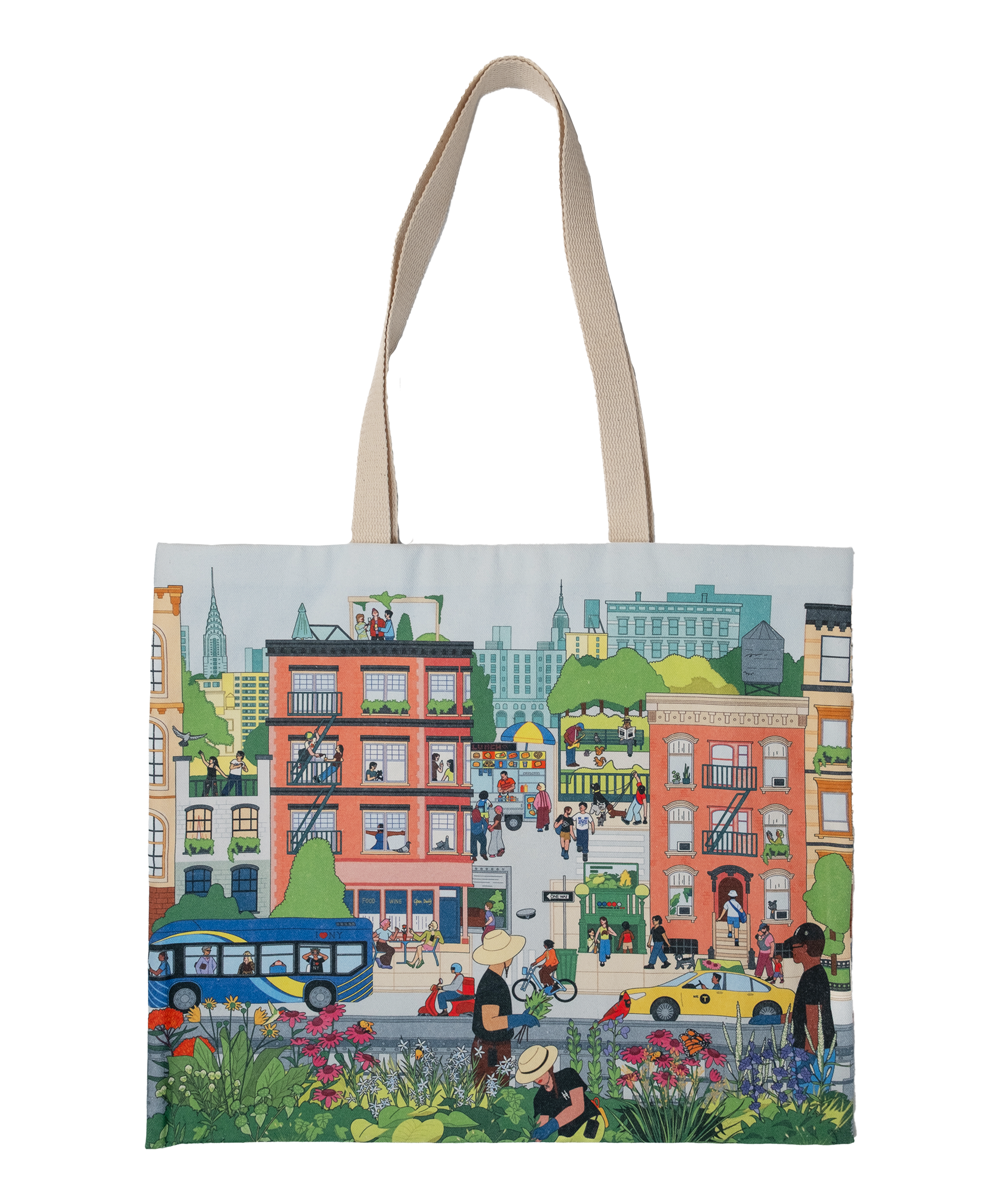 Community in the Sky Tote, featuring the Nature in the City mural illustrated by Jiaqi Wang. The large, cotton tote features an all over print of the illustration and is brightly colored.
