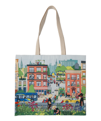Community in the Sky Tote, featuring the Nature in the City mural illustrated by Jiaqi Wang. The large, cotton tote features an all over print of the illustration and is brightly colored.