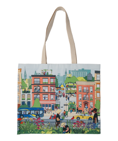 Community in the Sky Tote, featuring the Nature in the City mural illustrated by Jiaqi Wang. The large, cotton tote features an all over print of the illustration and is brightly colored.