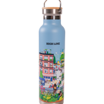 Stainless steel water bottle with a colorful design and 'High Line' branding on a blue background with wooden lid. Features the Nature in the City illustration by Jiaqi Wang.