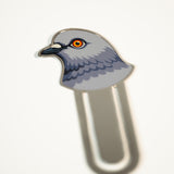 Metal bookmark featuring a pigeon head.