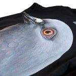Detail shot of the back of the Dinosaur Hoodie, featuring a large print of a pigeon head with "Dinosaur" above it.