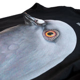 Detail shot of the back of the Dinosaur Hoodie, featuring a large print of a pigeon head with "Dinosaur" above it.