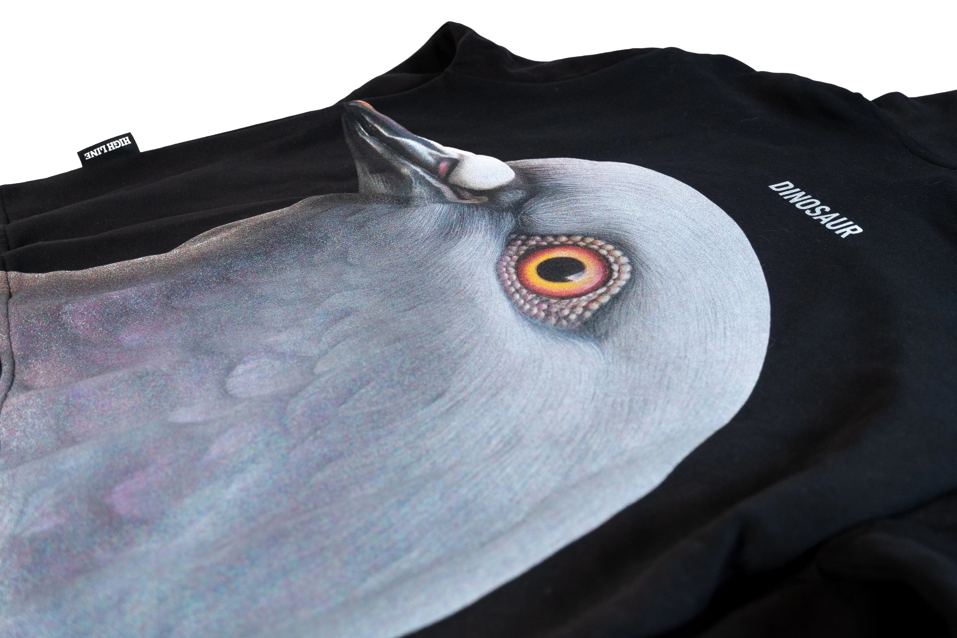 Detail shot of the back of the Dinosaur Hoodie, featuring a large print of a pigeon head with "Dinosaur" above it.