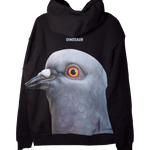 Back of the Dinosaur Hoodie, featuring a large print of a pigeon head with "Dinosaur" above it.