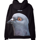 Back of the Dinosaur Hoodie, featuring a large print of a pigeon head with "Dinosaur" above it.
