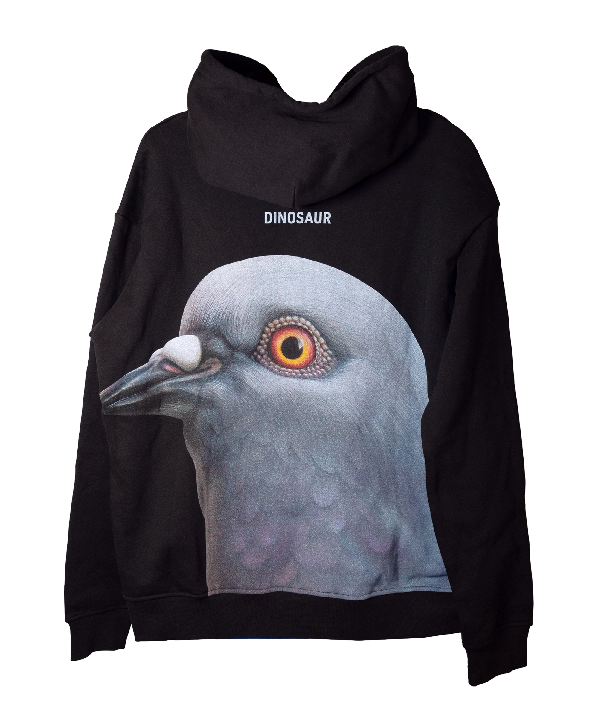 Back of the Dinosaur Hoodie, featuring a large print of a pigeon head with "Dinosaur" above it.
