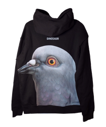 Back of the Dinosaur Hoodie, featuring a large print of a pigeon head with "Dinosaur" above it.