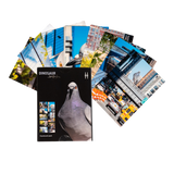 Dinosaur Postcard Set—envelope shown with the 8 postcards fanned out behind, each with their own shot of the iconic big pigeon.