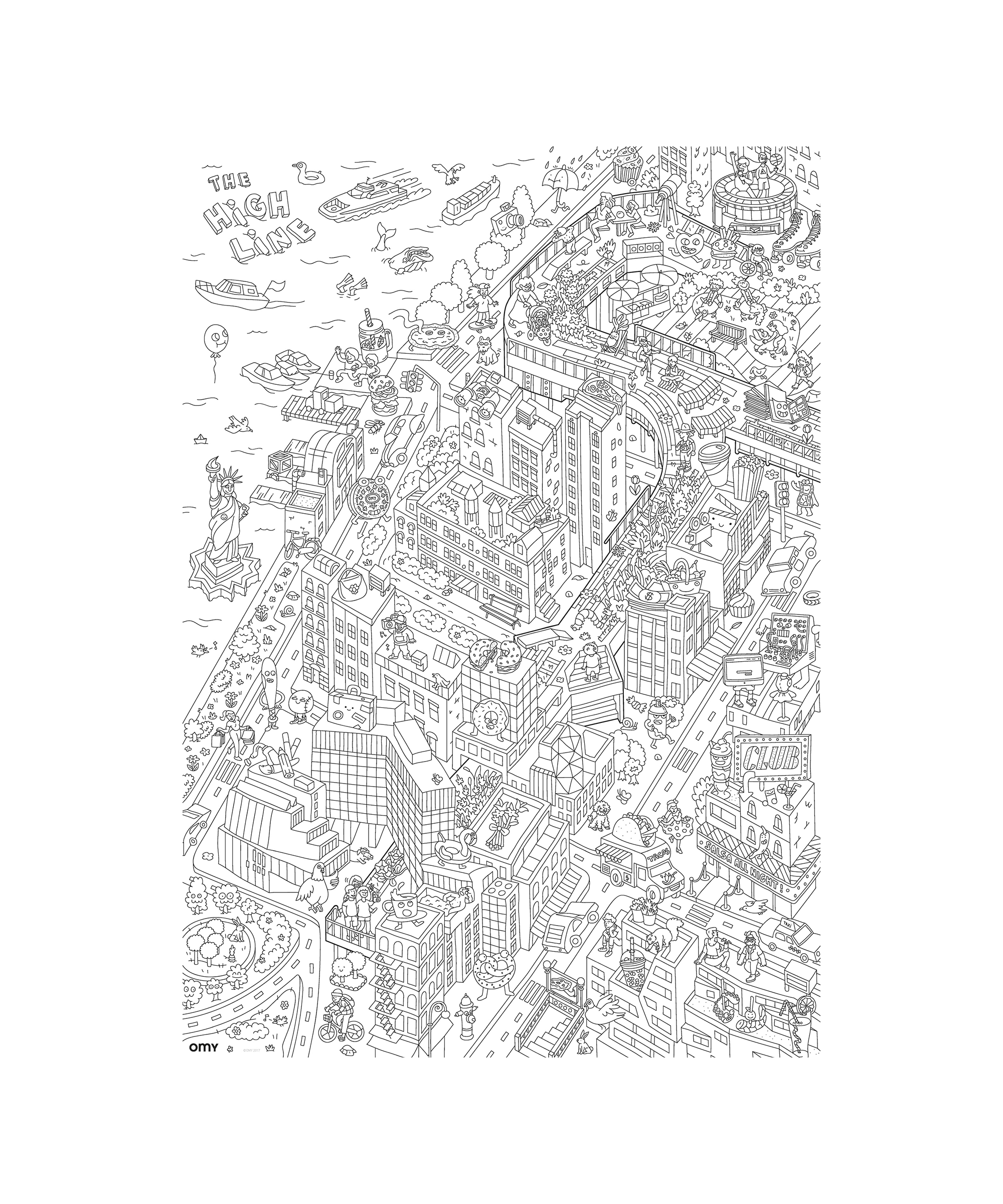 OMY x High Line giant illustrated poster, ready to be colored in.