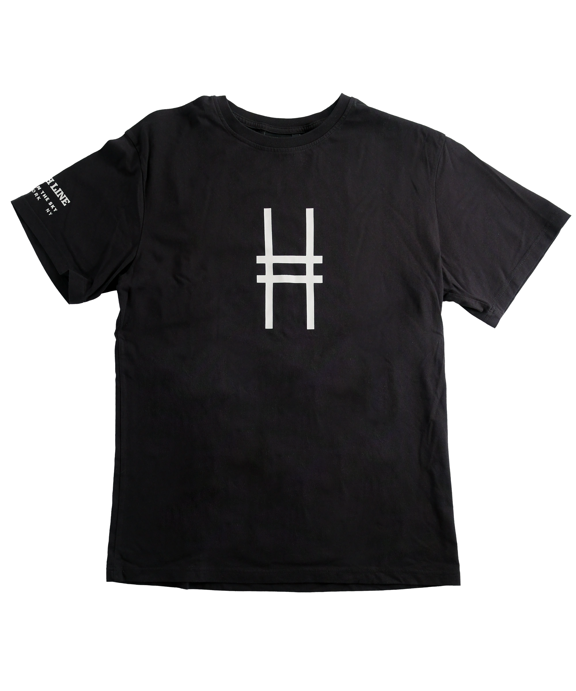 A black short-sleeve crewneck t-shirt featuring the High Line icon printed on the center chest, with white text on the left sleeve that reads "High Line. Park in the Sky. New York NY"