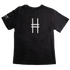 A black short-sleeve crewneck t-shirt featuring the High Line icon printed on the center chest, with white text on the left sleeve that reads "High Line. Park in the Sky. New York NY"